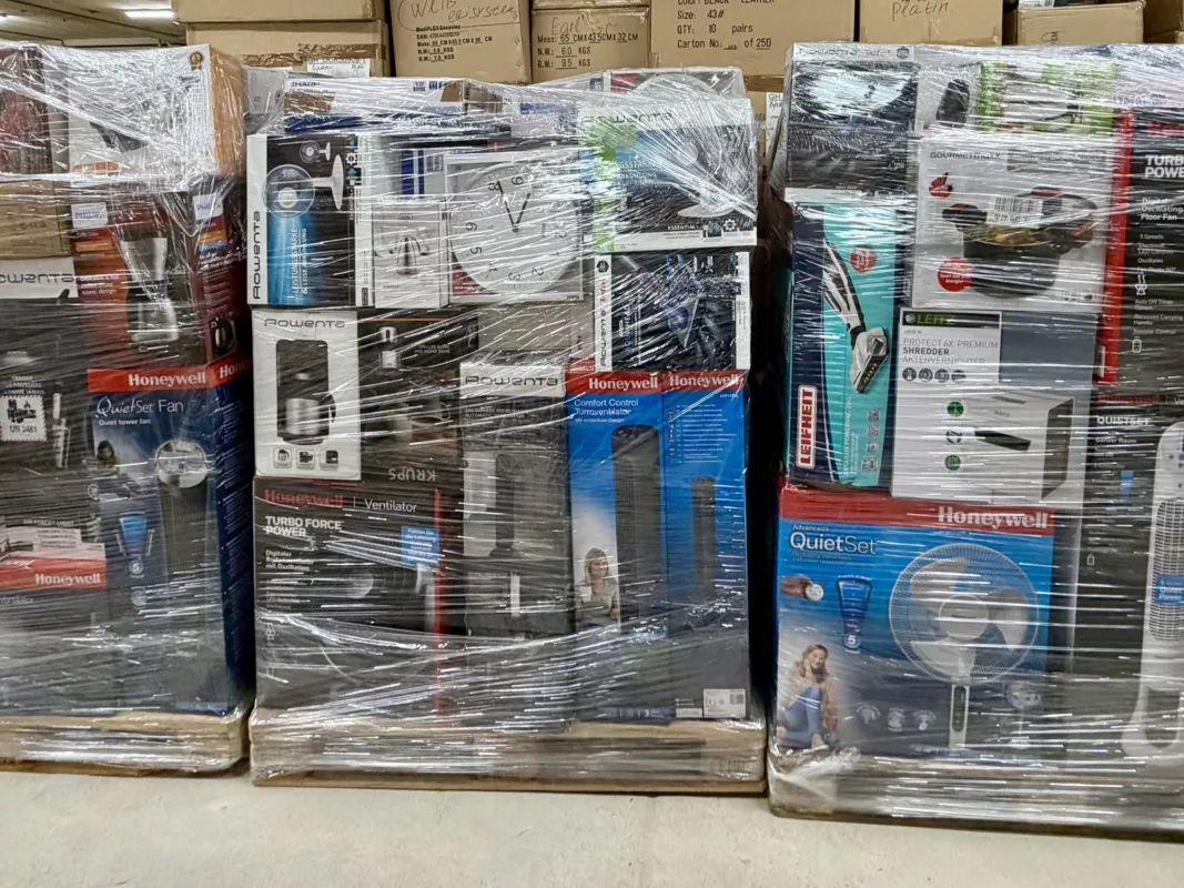 Elektronik-Restposten verkaufen: drei foliierte Paletten mit Markengeräten – Honeywell, Rowenta, Tefal, KRUPS